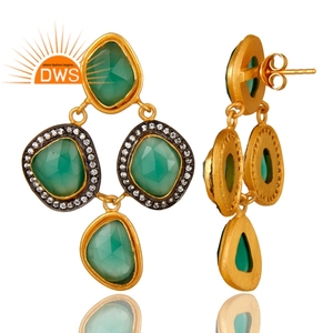 Beautifully Designed 18k Gold Plated Solid Silver Stud <b>Earrings</b> Zircon Green <b>Onyx</b> Gemstone <b>Earrings</b> Jewelry Supplier - Product Image 3