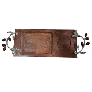 手工食品托盘，带手柄木制圆形托盘，用于咖啡、食品、木制月亮托盘仿古设计木制托盘
