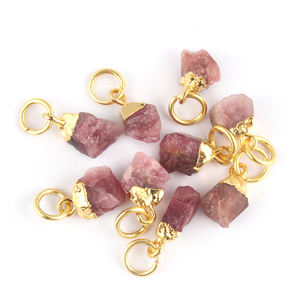 Raw pink Tourmaline Gemstone Connector Gold Electroplating Charms Connector Birthstone 8 -10mm Designer Findings <b>Pendant</b> - Product Image 1