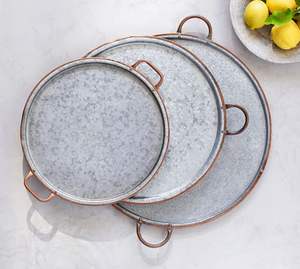 Galvanized Metal Round Rustic Serving Tray with Wooden Handles - Product Image 1