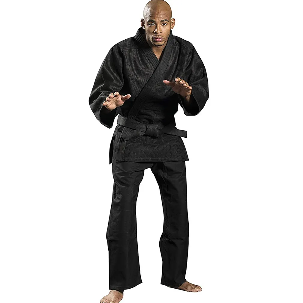 Uniforme da karate in tela personalizzata da uomo nera materiale pesante design personalizzato uniformi da karate abbigliamento da allenamento confortevole all'ingrosso