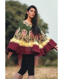 Collection Été Poncho Khadi 100% Coton Chic Ethnique Bohème Couverture Plissée à Carreaux Rouges Silhouette Élégante Cape à Bord Plissé - Product Image 1