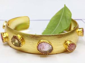 Sterling Silver 925 <b>Gold</b> Plated Customization Handmade Multi Color Tourmaline Gemstone Trendy Wholesaler Unisex Cuff <b>Bracelet</b> - Product Image 2