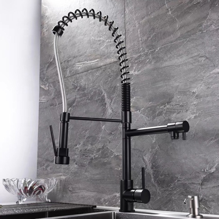 Single Handle Single Hole Matte Black Pull Out Spring Kitchen Sink Faucet With Faucet Hole Cover Kitchen Sink Faucet For Sink