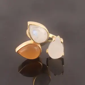 핫 잘 팔리는 natural rainbow moonstone, white 드 루드 & yellow 옥 링 brass vermeil 금 새 designs 세 돌 조절 링