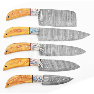 Damascus <b>Knife</b> 05 Pcs Chef <b>Knife</b> 1095 and 15N20 <b>Set</b> Material - Product Image 4