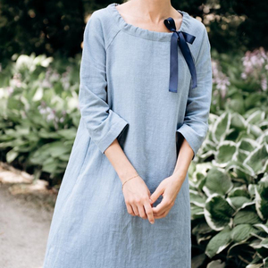 Feel Effortlessly Elegant Bouquet Blue Long <b>Dress</b> 100% Linen O-Neck Formal 3/4 Sleeve Knee-Length Breathable <b>Loose</b> Fit <b>Dress</b> - Product Image 1