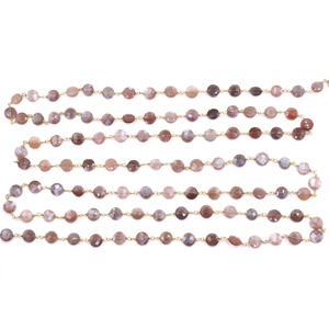 Chaîne de chapelet en pierre de lune marron facettée en forme de pièce de monnaie, 7-8 mm, en laiton plaqué or 18 carats, enveloppée de fil, vendue au mètre - Product Image 4