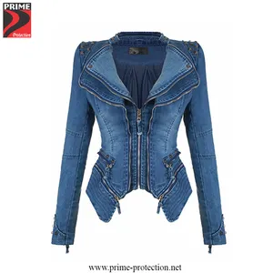 Jaket Denim Ritsleting Ganda untuk Wanita, Jaket Denim Kualitas Tinggi/Atasan Jeans Ritsleting Ykk Jepang Asli