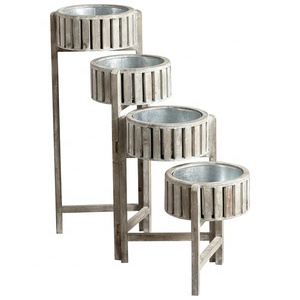 Ensemble de 4 supports à fleurs en bois rustique avec bacs métalliques pour plantes d'extérieur, décoration de jardin - Product Image 1