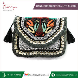 Bolso de mano de yute con bordado de espejos hecho a mano de la mejor calidad con decoración de cuentas - Product Image 2