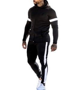 Wholesale Men's Sleeve Stripe Active Gym Wear Tracksuit Set With Kangaroo Pocket Men's Full Front Zip Sweatsuit Set - Product Image 2