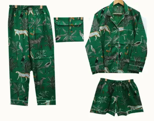 Green Women night suit Forest Print, Cotton Pajama Set, shirts and pant set, Nightwear