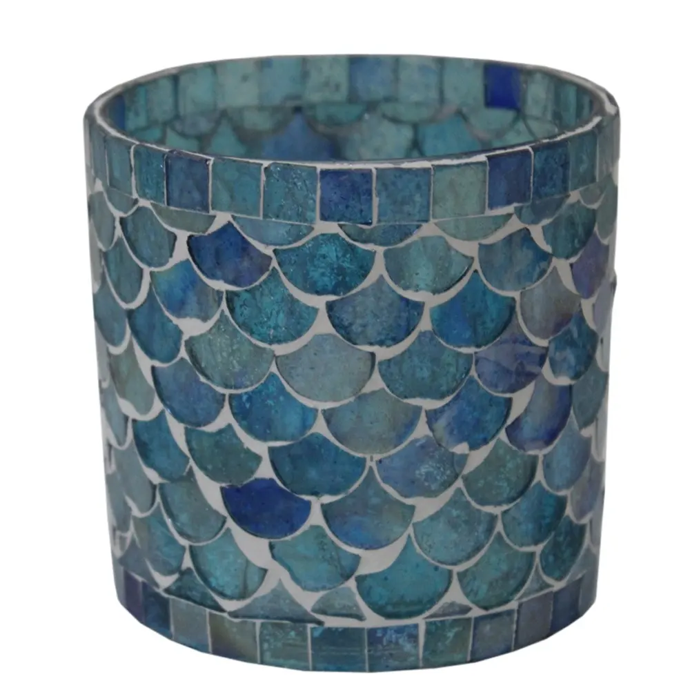 Ev dekorasyon Aqua mavi renk folyo mozaik kaplı cam yuvarlak şekil uzun adak tutucu için toplu