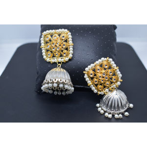 Boucles d'oreilles créoles en laiton dorées, style jhumka, ornées de pierres kundan, faites à la main, dernière mode traditionnelle 2025, pour filles et femmes - Product Image 1
