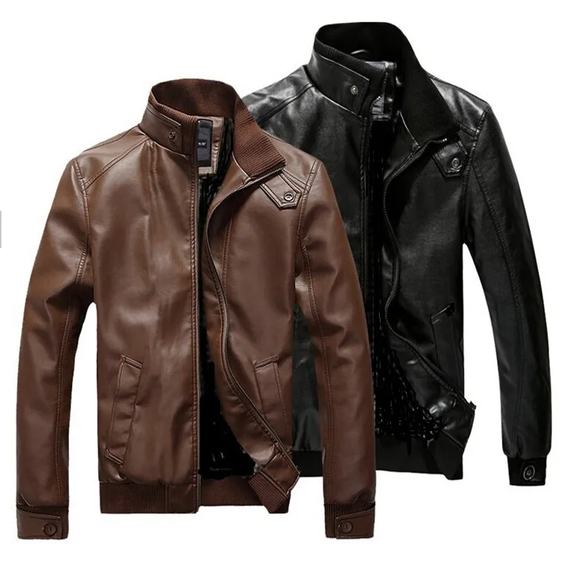 Men's Stand Collar Zipper Up Black, Brown PU Leather Jackets Large Size Best Quality Leather Jackets