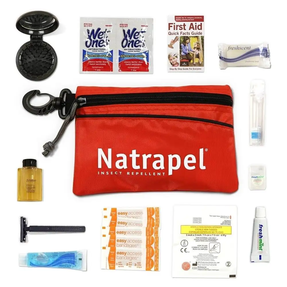 USA Made 3-5 Day Essentials Kit - 3-1 샴푸, 바디 워시 및 쉐이브 크림, 치약, 칫솔, 비누 및 로고가 함께 제공됩니다.