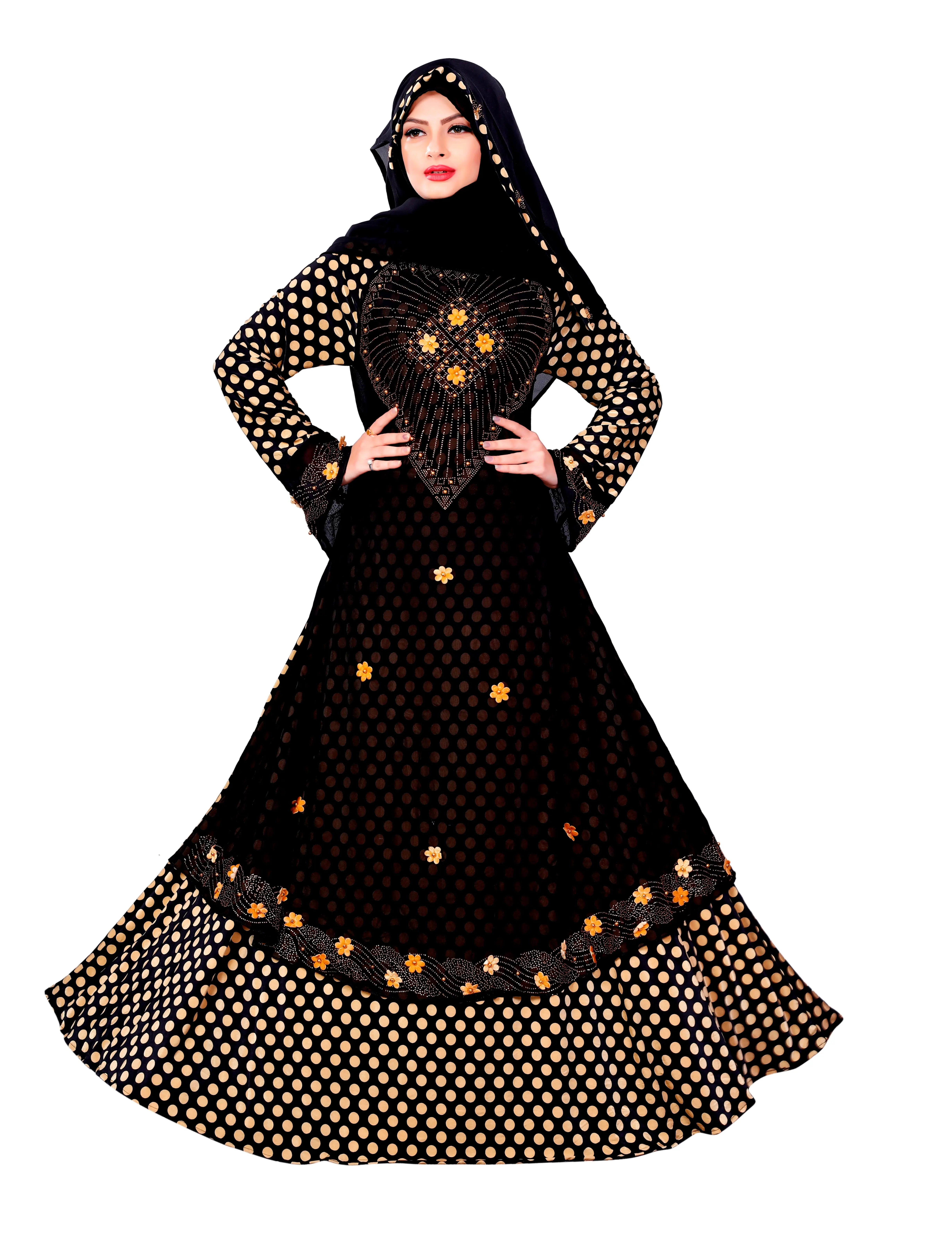 In Kiểu Chấm Bi Lykra + Chiffon Abaya Burqa Với Kiểu Thắt Lưng Và Khăn Hijab