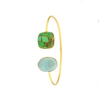 Pulsera Unisex Clásica de Plata de Ley 925 Chapada en Oro con Turquesa Verde Cobre y Larimar Natural de Alta Calidad de 12x16 mm