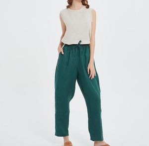 <b>Elastic</b> Waist Loose Crepe Linen Natural Waist Pants Women Solid Color Formal Summer Breathable Straight Hem - Product Image 1