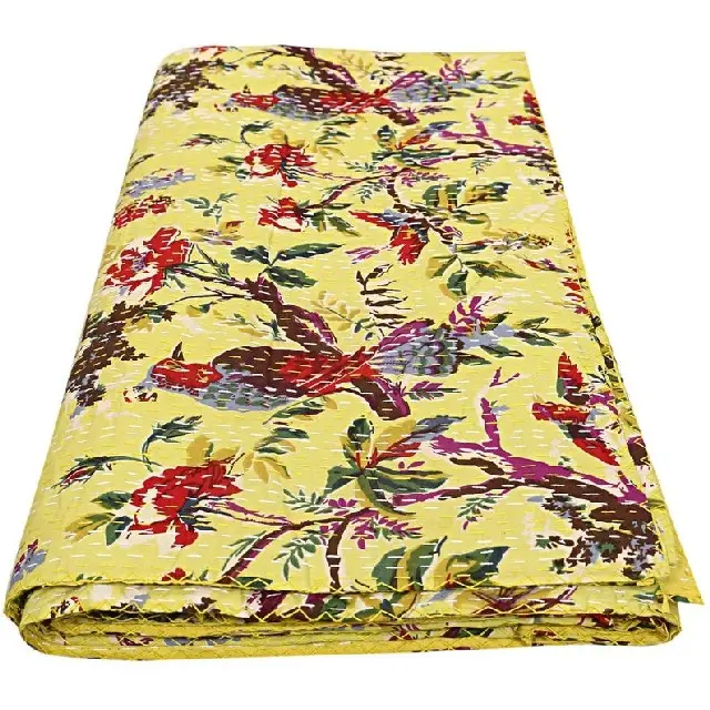 Hint el yapımı güzel yorgan yatak örtüsü battaniye kuşlar baskılı Kantha yorgan
