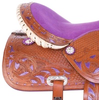 LLT LLTWS-1632 ZK Selle de cheval Western pour barrel racing en cuir teint, avec siège rembourré en mousse légère violette, et têtière et peignoir de sellerie