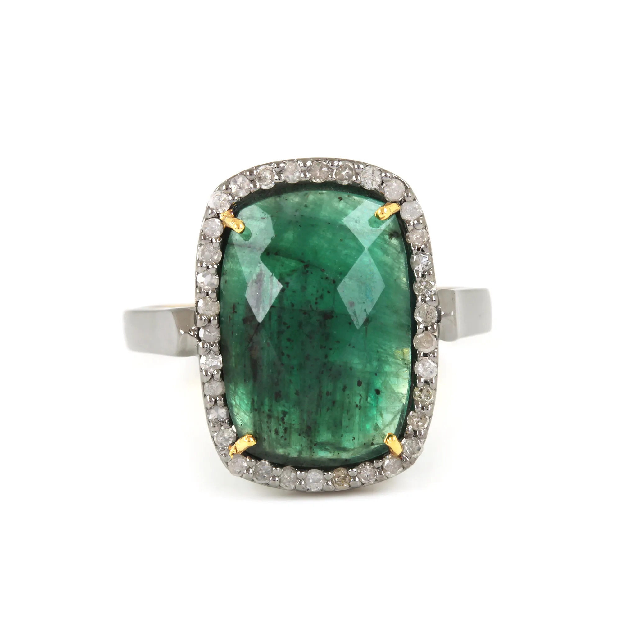 14K Gold Natuurlijke Emerald Pave Diamond Single Stone Ring 925 Sterling Zilver Gemstone Wedding Ring Fijne Sieraden Fabrikant