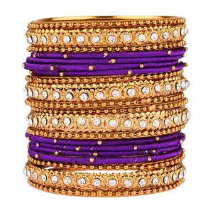 Fashion Jewelry Indian Gold Plated Crystal Beaded Purple Color Silk Thread Bracelet Bangle Set (20 pc)
