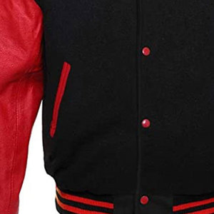 Custom White Wool <b>Varsity</b> <b>Jackets</b> Stand Collar Genuine <b>Black</b> Cow Leather Sleeves Coated Processing - Product Image 6