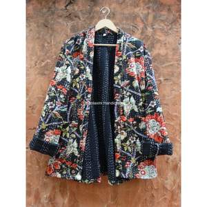 <b>Black</b> Floral Printed <b>Women</b> <b>Coat</b> Ethnic Kantha Jacket Woven <b>Winter</b> Wholesale Cotton Short Maxi Bathrobe Handmade - Product Image 5