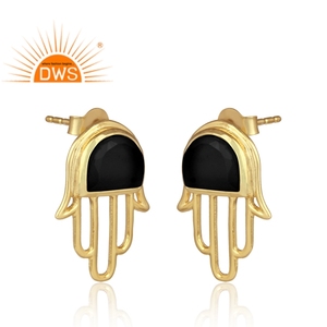 Natural Black Onyx Gemstone Earring Hamsa Hand Designer Stud Earring Gold Plated Silver Earrings Manufacturer - Product Image 2