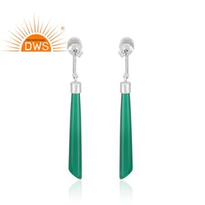 ต่างหูพลอยโอนิกซ์สีเขียวยาวต่างหูชุบโรเดียมสีขาวต่างหูแฟชั่นห้อยสีเงินคอลเลกชันคลาสสิก - Product Image 3