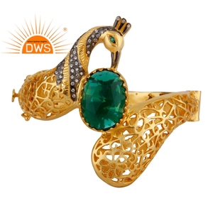 Bracelet traditionnel indien plaqué or, bijou en pierre précieuse verte, paon, vente en gros - Product Image 1