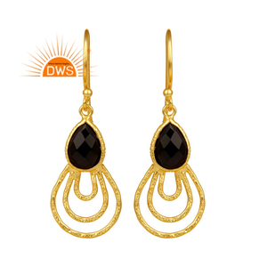 Beautiful <b>Black</b> Onyx Gemstone <b>Earrings</b> Handmade Texture Gold Plated Silver <b>Dangle</b> <b>Earrings</b> Jewelry Wholesale - Product Image 1