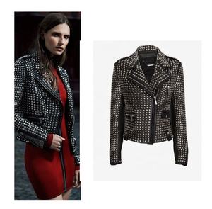 Chaqueta acolchada de cuero de oveja con tachuelas y acabado transpirable a cuadros para mujer, nueva chaqueta de motociclista de cuero genuino Natural - Product Image 3