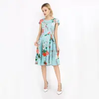 Yeşil çiçek baskılı Squareneck yaz zarif Ruffled A-line pamuklu elbise