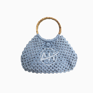 Handmade <b>Crochet</b> Ring Bag with PU Handle and Wood Rings Two Handles <b>Hook</b> & Loop Closure Polyester Material Shoulder Bag - Product Image 2
