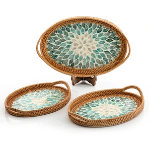 Rattan Wicker Trays with Mother of Pearl Inlay MDF Base and Insert Handle for Fruit Serving, <b>Coffee</b> <b>Table</b> Trays Handmade - Product Image 4