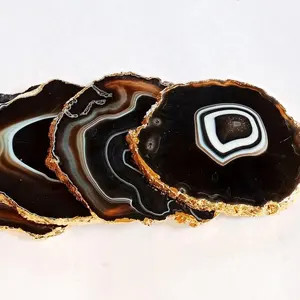 Factory Price Natural Black Agate Coaster | Golden Electro Plated Agate Coaster | For Healing And Meditation From India