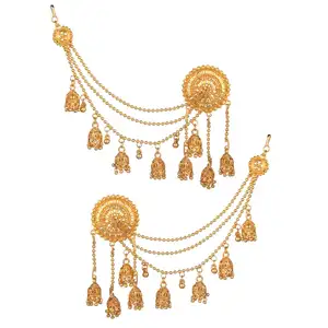 Indian Bollywood Jewelry Gold Plated Dangling Earring with Layered Jhumka Tassels Drop Earrings Support Chain Hair Accessory