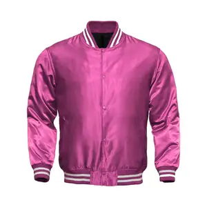 Women Letterman Jacket All Satin Polyester Hot Pink Bomber Style Ladies Casual Jacket