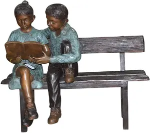 Garden Famous Customized on bench Children bronze Boy and girl reading book sculpture for sale