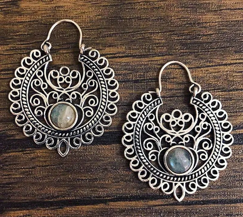 New Fashion Design Stone Hoop Earring Silver Labradorite Stone Hoop Earring Indian Natural Stone Jewelries