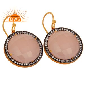 Nuevos Aretes de Moda Chapados en Oro de 18k, Joyería de Plata de Ley al por Mayor, Aretes Redondos con Calcedonia Rosa, Proveedor de Joyería - Product Image 2