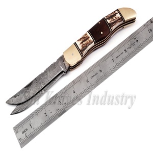 Xyj couteau pliant utilitaire fait main à Double lame, de damas, antter, espaceur et manche en bois, lame épaisse de 2-3mm (Smk1350) - Product Image 5