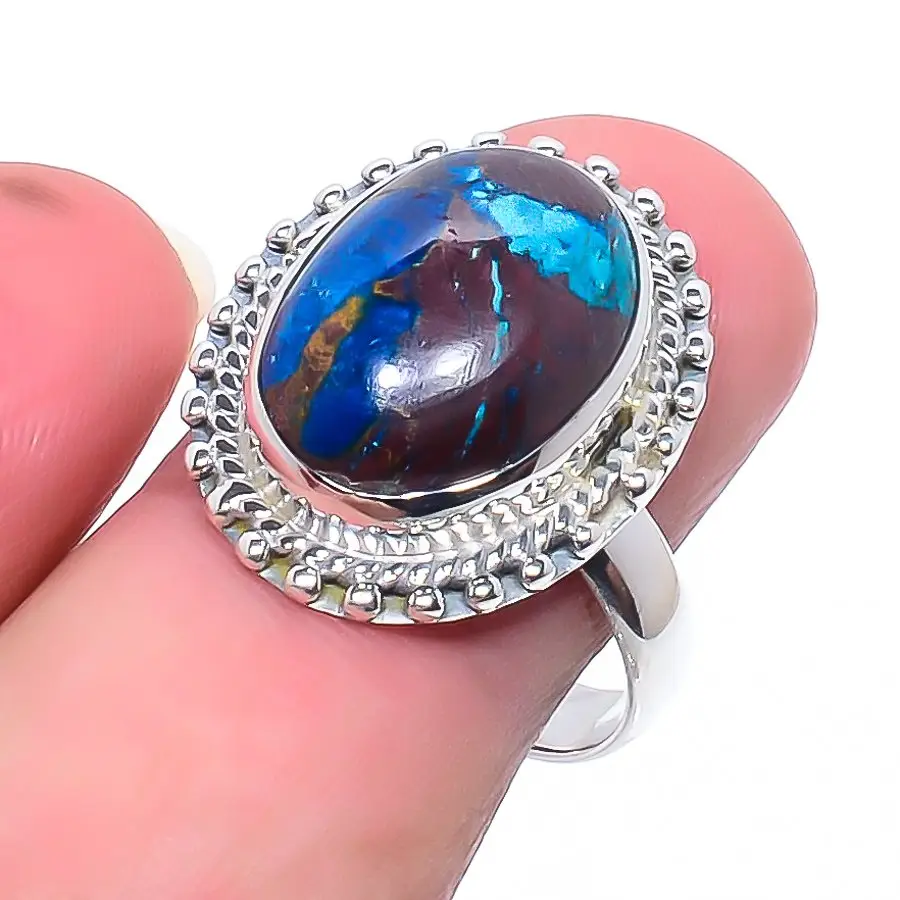 Shattuckite Chrysocolla चांदी की अंगूठी 925 स्टर्लिंग चांदी बोहेमियन अंगूठी गहने Shakkutatite Crysocolla रत्न अंडाकार आकार की अंगूठी