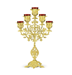 Candelabro de latón de cinco brazos, soporte de vela de estilo rojo, suministros de Iglesia, Brassworld, India - Product Image 1