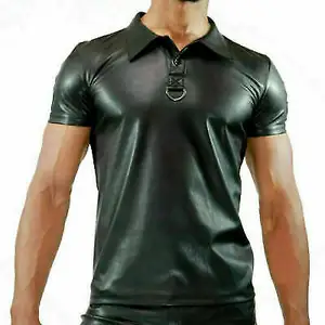 Người Đàn Ông Của Bất Đen Da Polo T-Shirt Sexy Look Áo Sơ Mi Màu Đen Người Đàn Ông Sexy WetLook Tập Thể Dục Tops Áo Sơ Mi Đồng Tính Mens Giai Đoạn Áo Sơ Mi