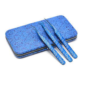 Ensemble de pinces à sourcils en acier inoxydable dans une pochette à motif bleu Outils d'extension de cheveux - Product Image 1