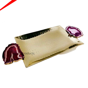 Unique Attractive Design Gold Metal Serving Tray with Agate Marble Handles Serving Tray <b>Tabletop</b> Decor - Product Image 1